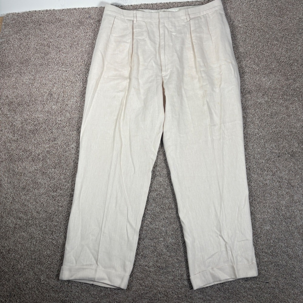 Polo Ralph Lauren Mens Cream Linen Cotton Pleated Cuffed Trousers 38x32